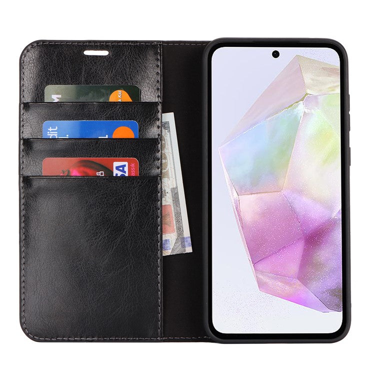 For Samsung Galaxy A35 5G Case Crazy Horse Texture Split Leather Stand Phone Cover - Black