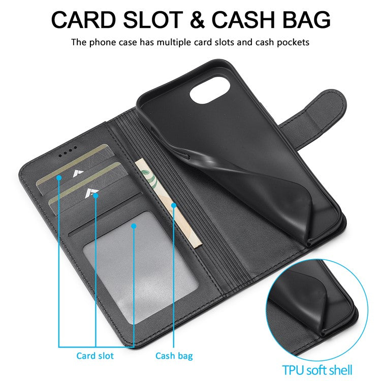 LC.IMEEKE For iPhone 16e Case Calf Texture Magnetic Clasp Stand Phone Cover - Black