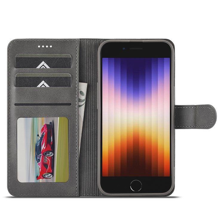 LC.IMEEKE For iPhone 16e Case Calf Texture Magnetic Clasp Stand Phone Cover - Grey