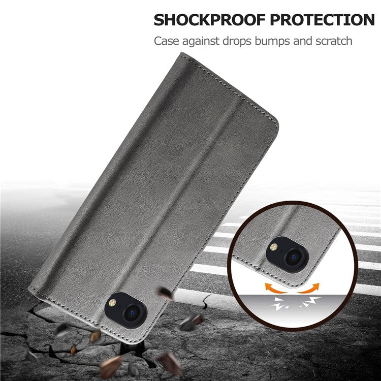 LC.IMEEKE For iPhone 16e Case Calf Texture Magnetic Clasp Stand Phone Cover - Grey