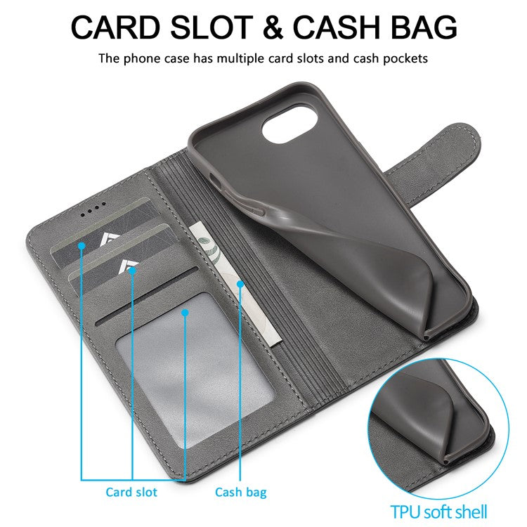 LC.IMEEKE For iPhone 16e Case Calf Texture Magnetic Clasp Stand Phone Cover - Grey