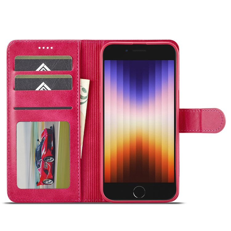 LC.IMEEKE For iPhone 16e Case Calf Texture Magnetic Clasp Stand Phone Cover - Rose