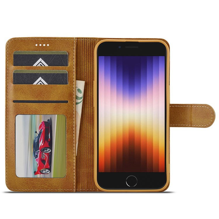 LC.IMEEKE For iPhone 16e Case Calf Texture Magnetic Clasp Stand Phone Cover - Yellow