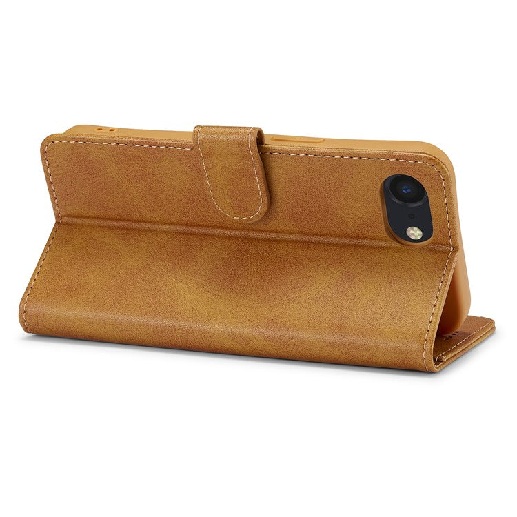 LC.IMEEKE For iPhone 16e Case Calf Texture Magnetic Clasp Stand Phone Cover - Yellow