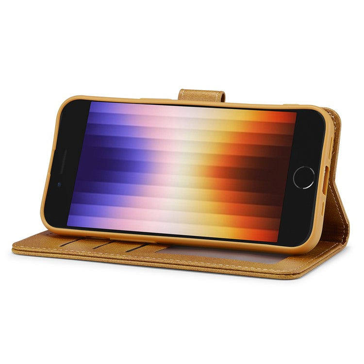 LC.IMEEKE For iPhone 16e Case Calf Texture Magnetic Clasp Stand Phone Cover - Yellow