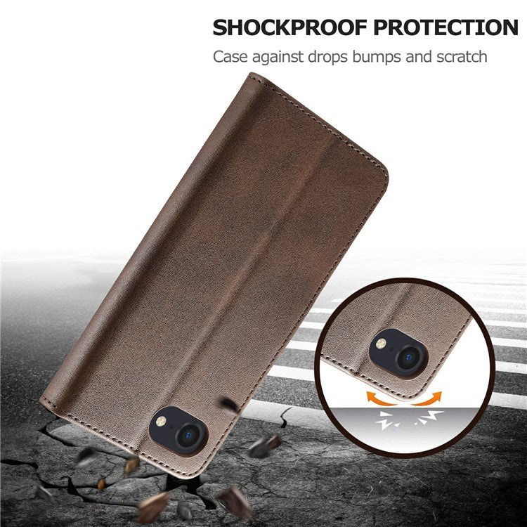 LC.IMEEKE For iPhone 16e Case Calf Texture Magnetic Clasp Stand Phone Cover - Brown