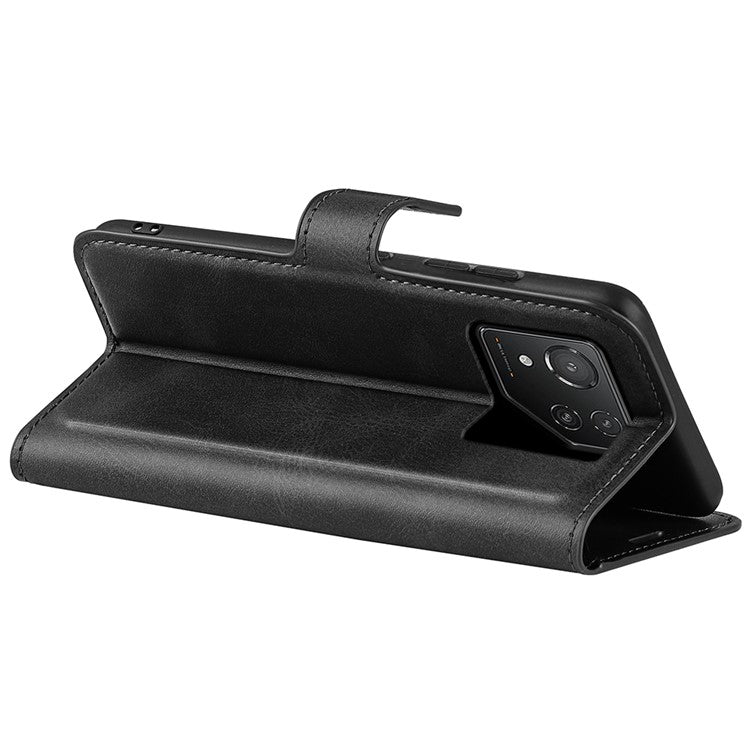 For Asus ROG Phone 8 Pro 5G / Phone 8 5G Case Calf Texture Leather Bump Proof Phone Stand Cover - Black