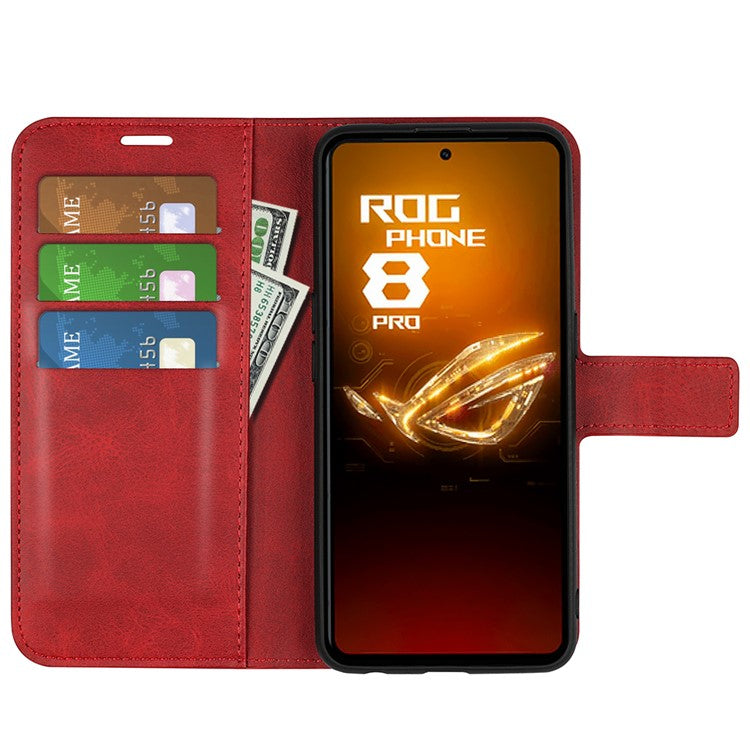For Asus ROG Phone 8 Pro 5G / Phone 8 5G Case Calf Texture Leather Bump Proof Phone Stand Cover - Red