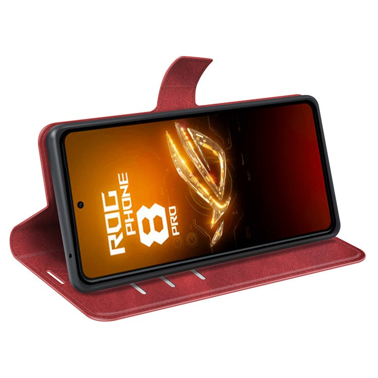 For Asus ROG Phone 8 Pro 5G / Phone 8 5G Case Calf Texture Leather Bump Proof Phone Stand Cover - Red