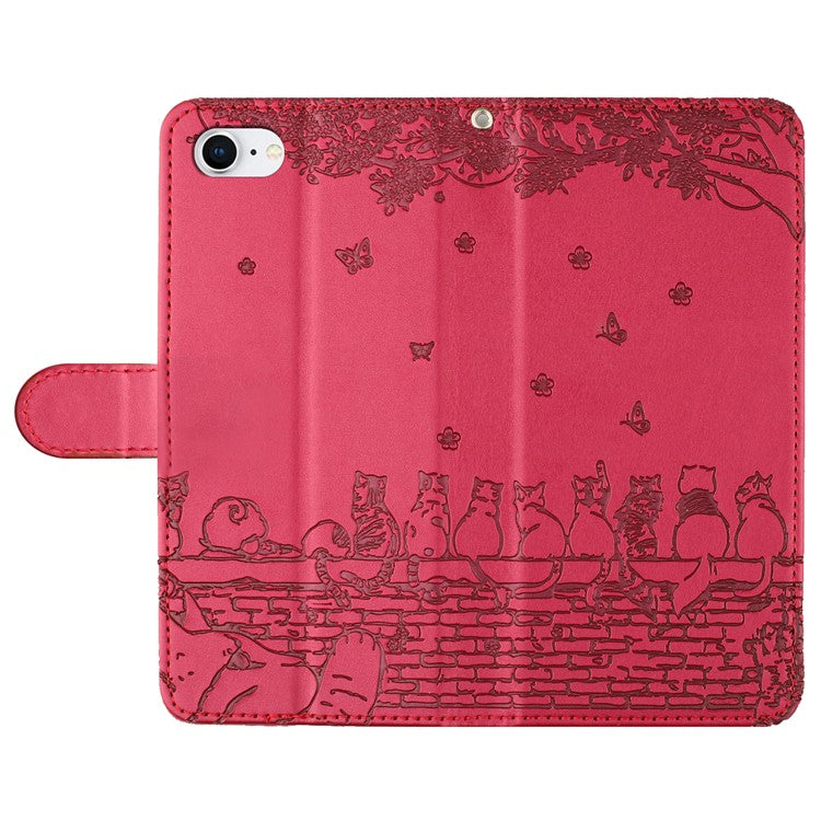 For iPhone 16e Wallet Case PU Leather Wall Cats Pattern Phone Cover - Red