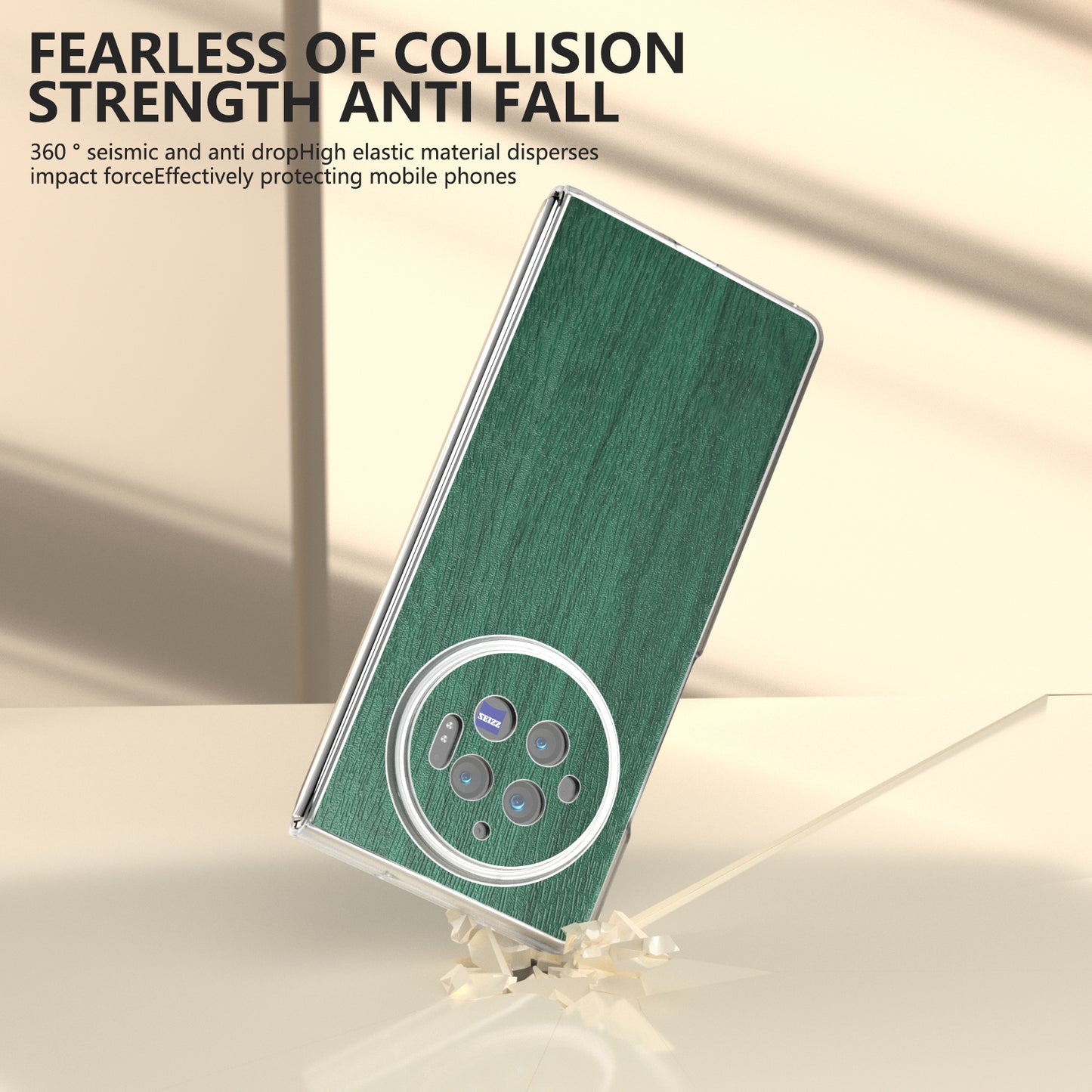 For vivo X Fold3 Case Wood Texture Leather+PC Matte Clear Edge Anti-slip Phone Cover - Green