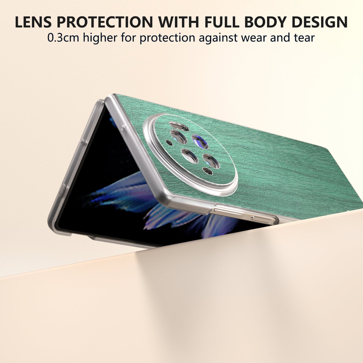 For vivo X Fold3 Case Wood Texture Leather+PC Matte Clear Edge Anti-slip Phone Cover - Green