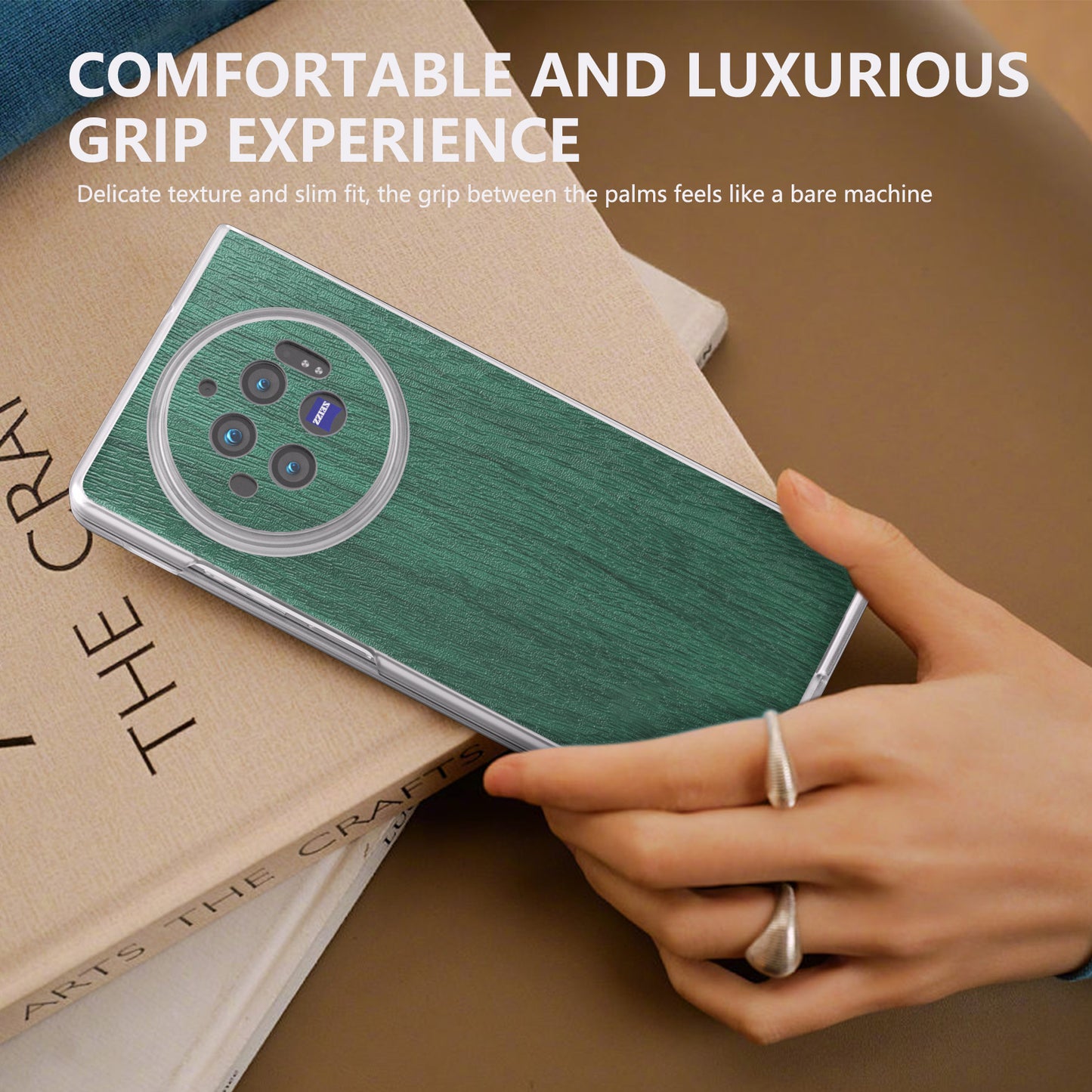 For vivo X Fold3 Case Wood Texture Leather+PC Matte Clear Edge Anti-slip Phone Cover - Green