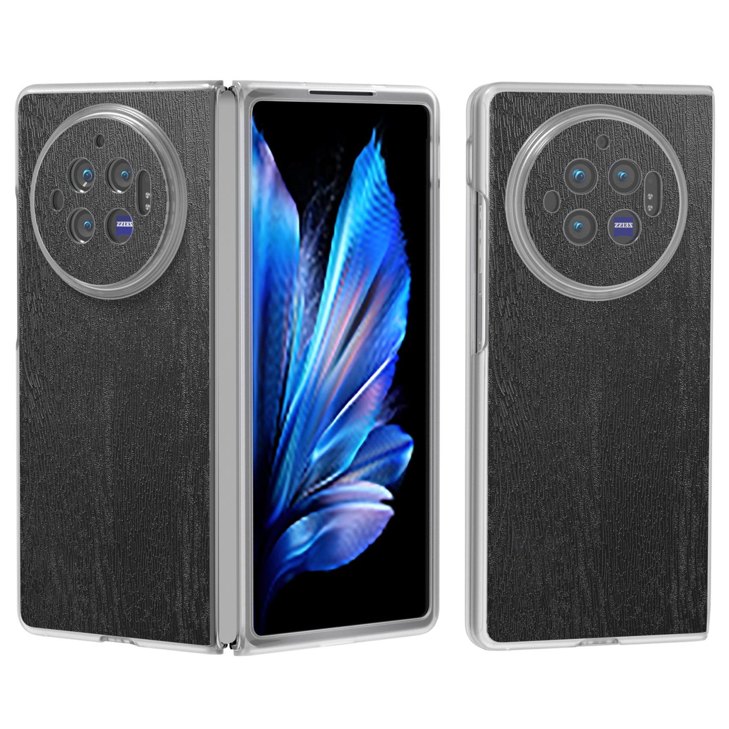 For vivo X Fold3 Case Wood Texture Leather+PC Matte Clear Edge Anti-slip Phone Cover - Black