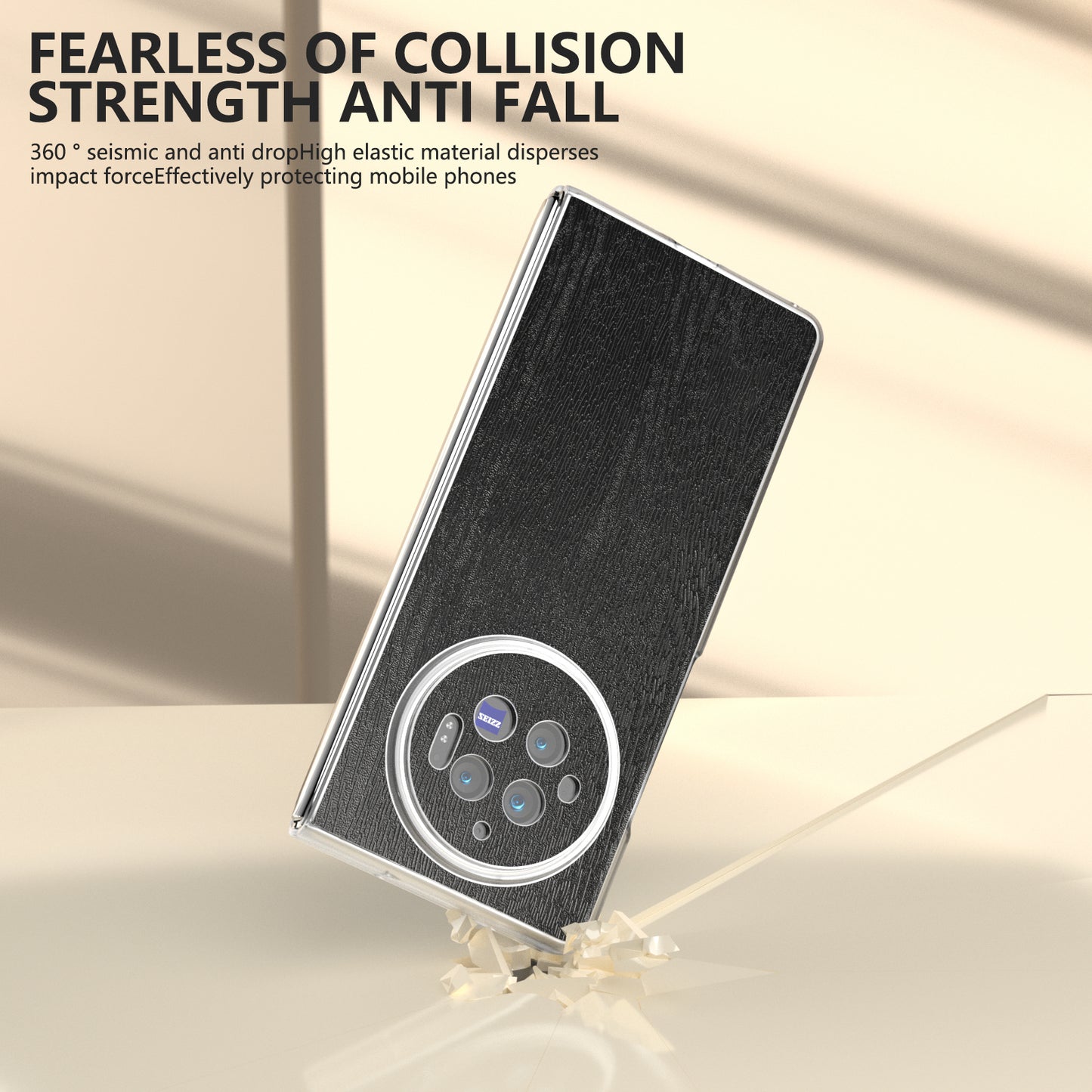 For vivo X Fold3 Case Wood Texture Leather+PC Matte Clear Edge Anti-slip Phone Cover - Black