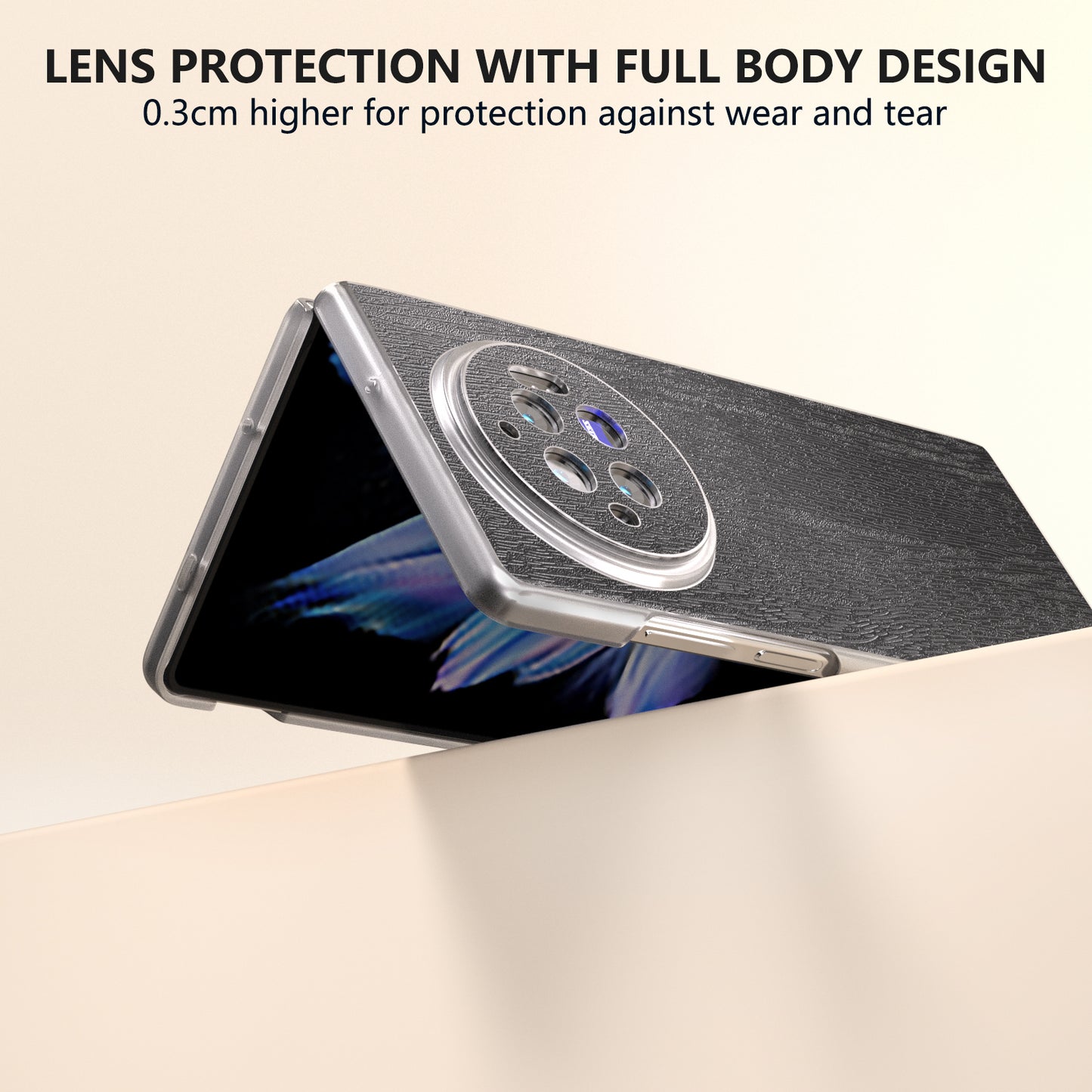 For vivo X Fold3 Case Wood Texture Leather+PC Matte Clear Edge Anti-slip Phone Cover - Black