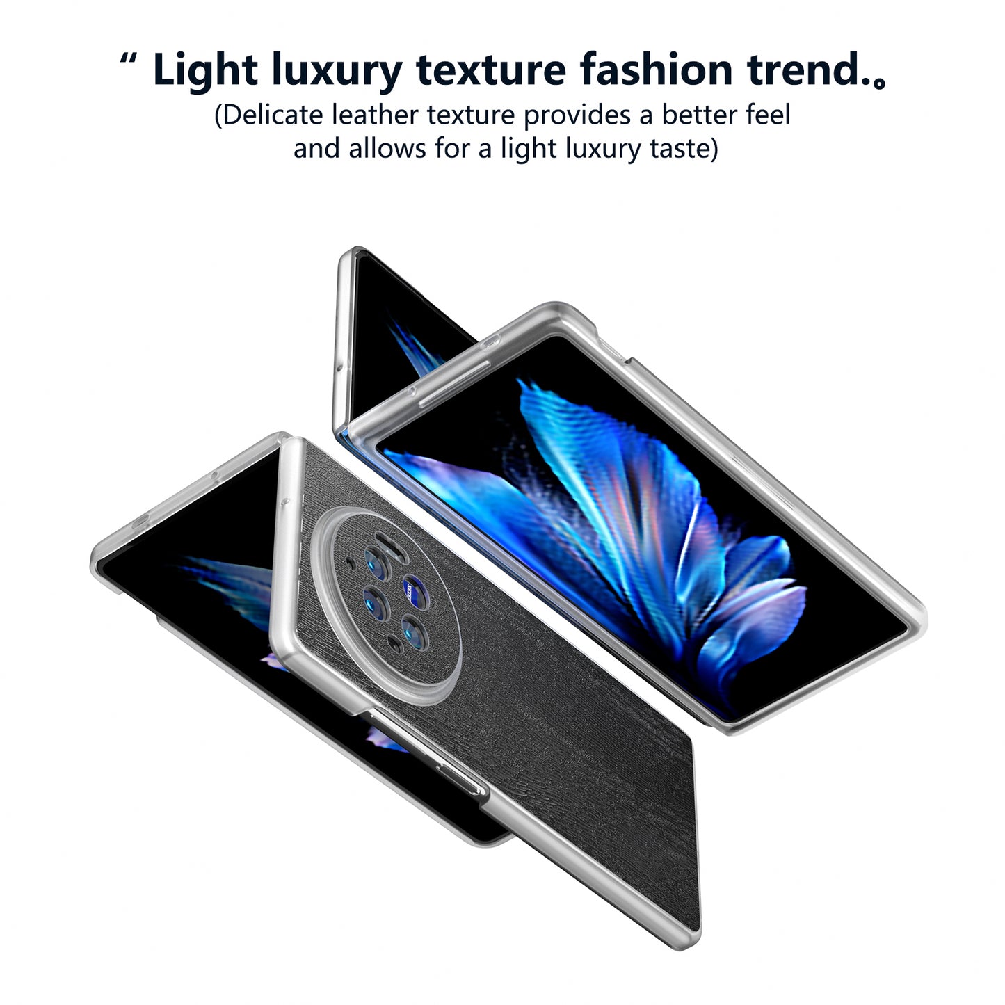 For vivo X Fold3 Case Wood Texture Leather+PC Matte Clear Edge Anti-slip Phone Cover - Black