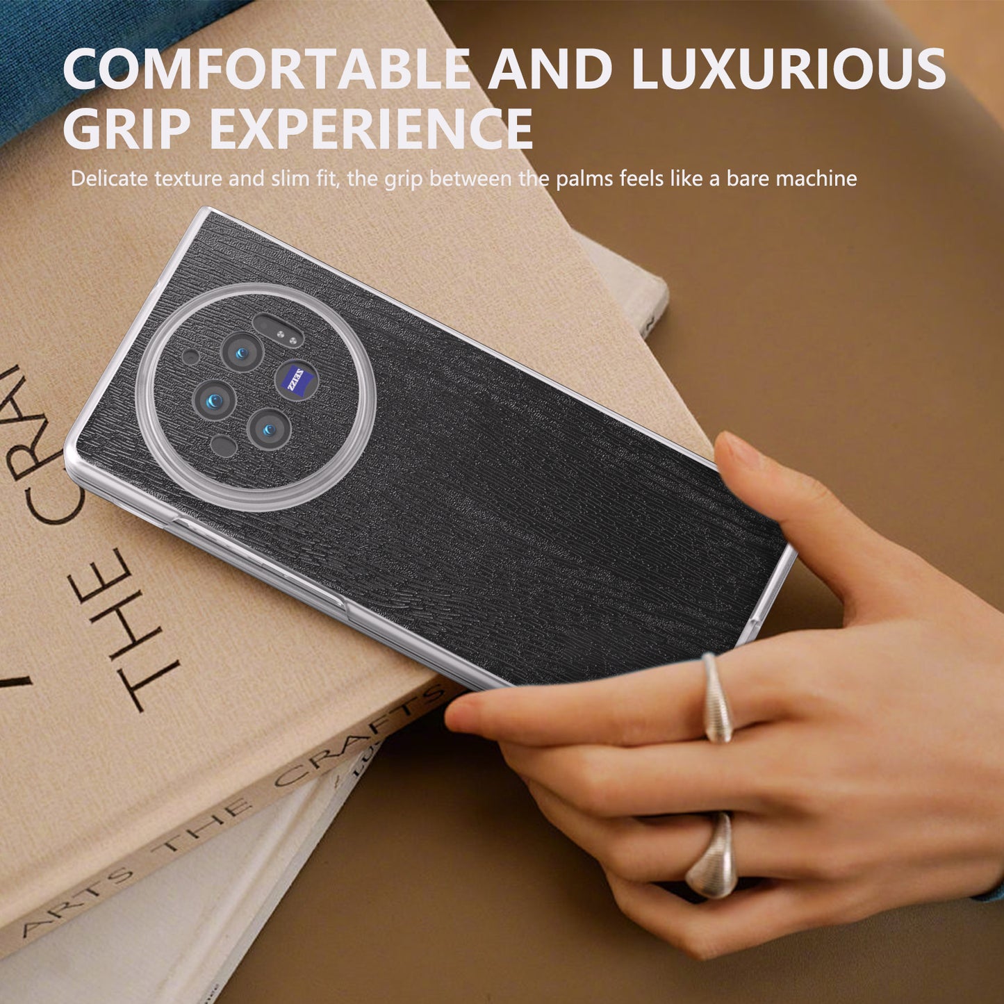 For vivo X Fold3 Case Wood Texture Leather+PC Matte Clear Edge Anti-slip Phone Cover - Black