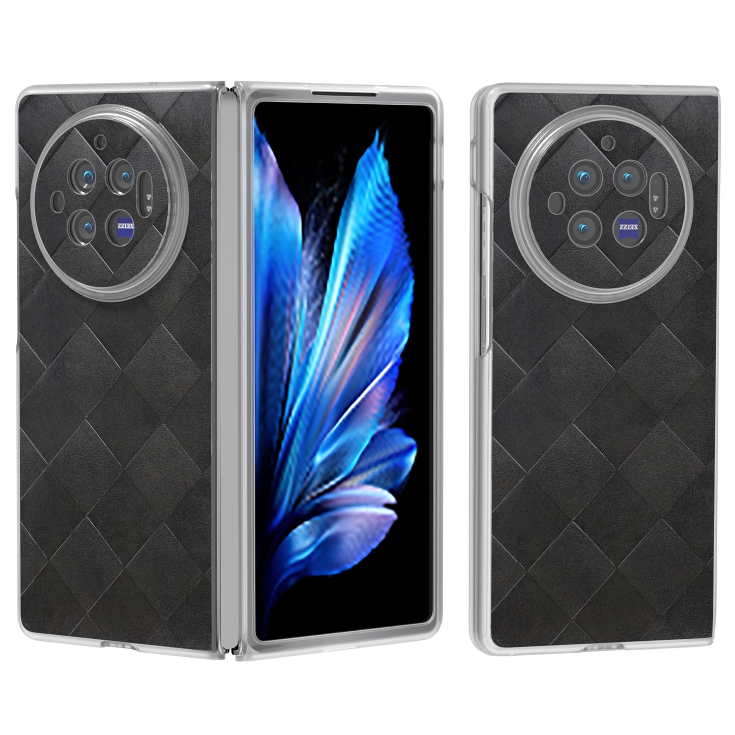 For vivo X Fold3 Case Grid Pattern Leather+PC Matte Clear Edge Phone Cover - Black