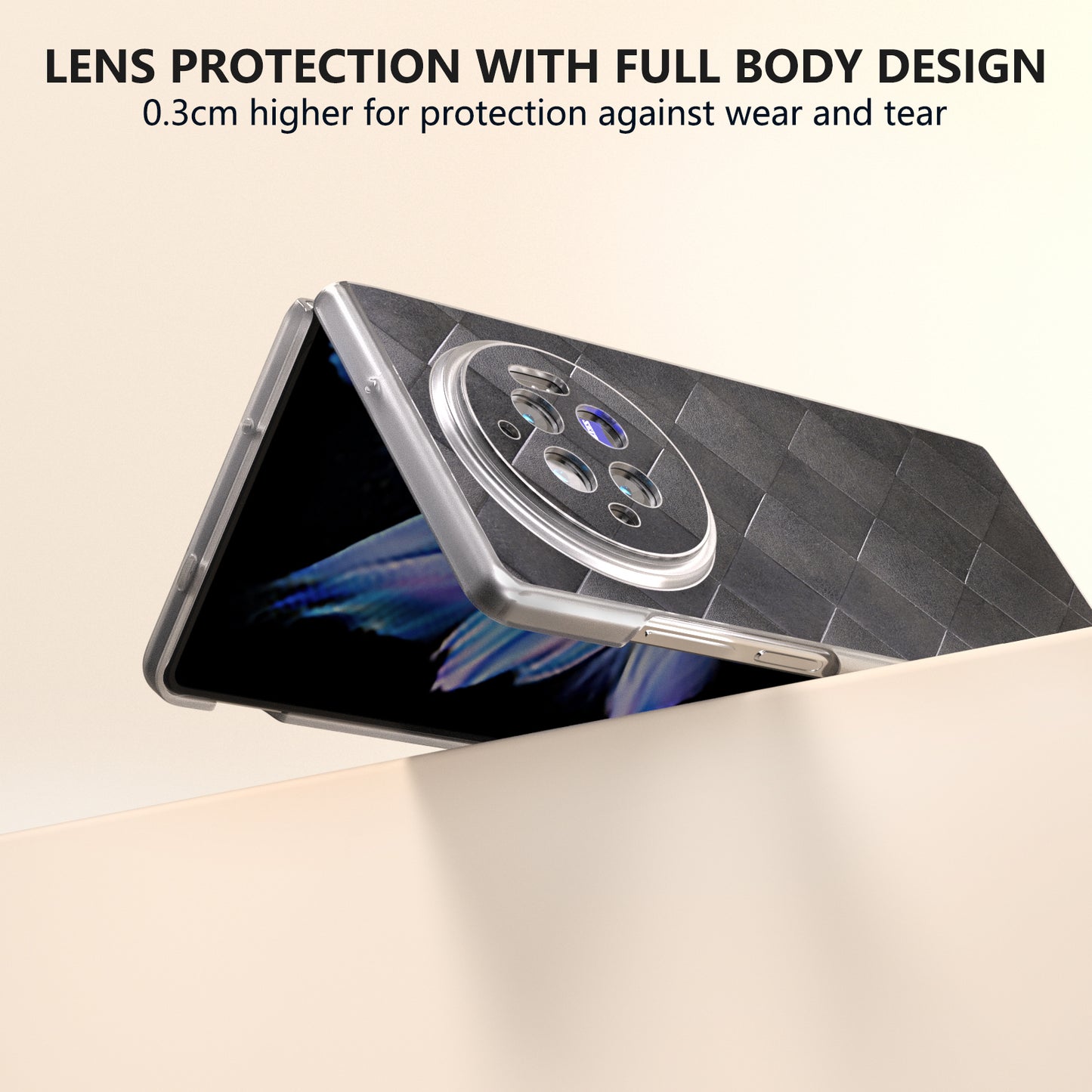 For vivo X Fold3 Case Grid Pattern Leather+PC Matte Clear Edge Phone Cover - Black