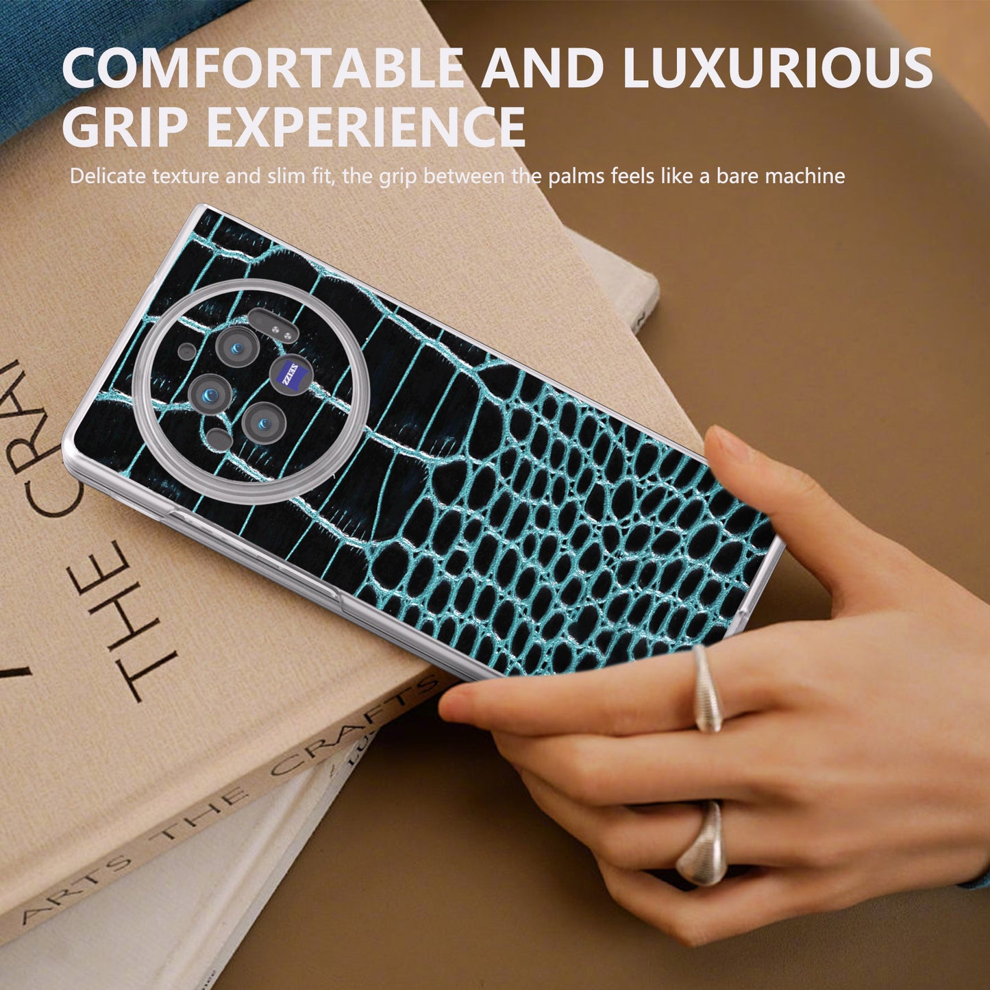 For vivo X Fold3 Case Genuine Cow Leather+PC Crocodile Texture Phone Cover with Non-Slip Grip - Midnight Green