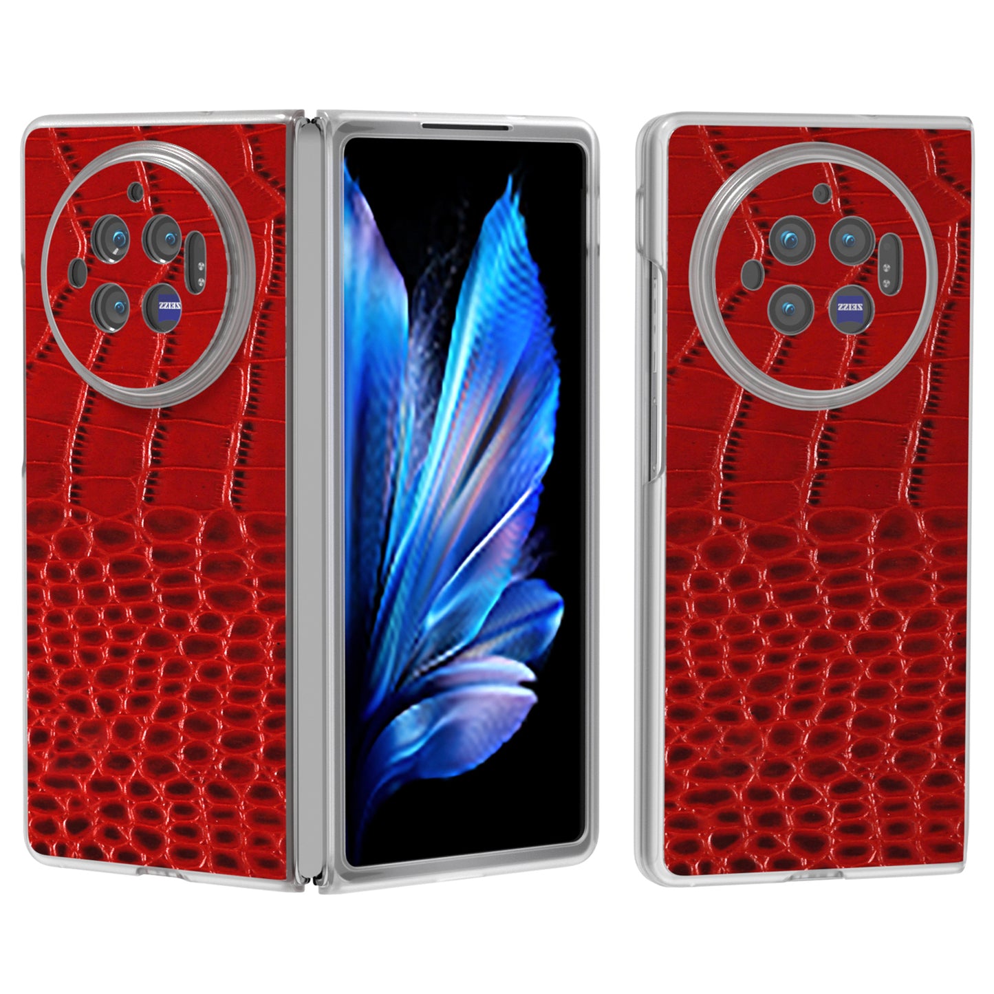 For vivo X Fold3 Case Genuine Cow Leather+PC Crocodile Texture Phone Cover with Non-Slip Grip - Red