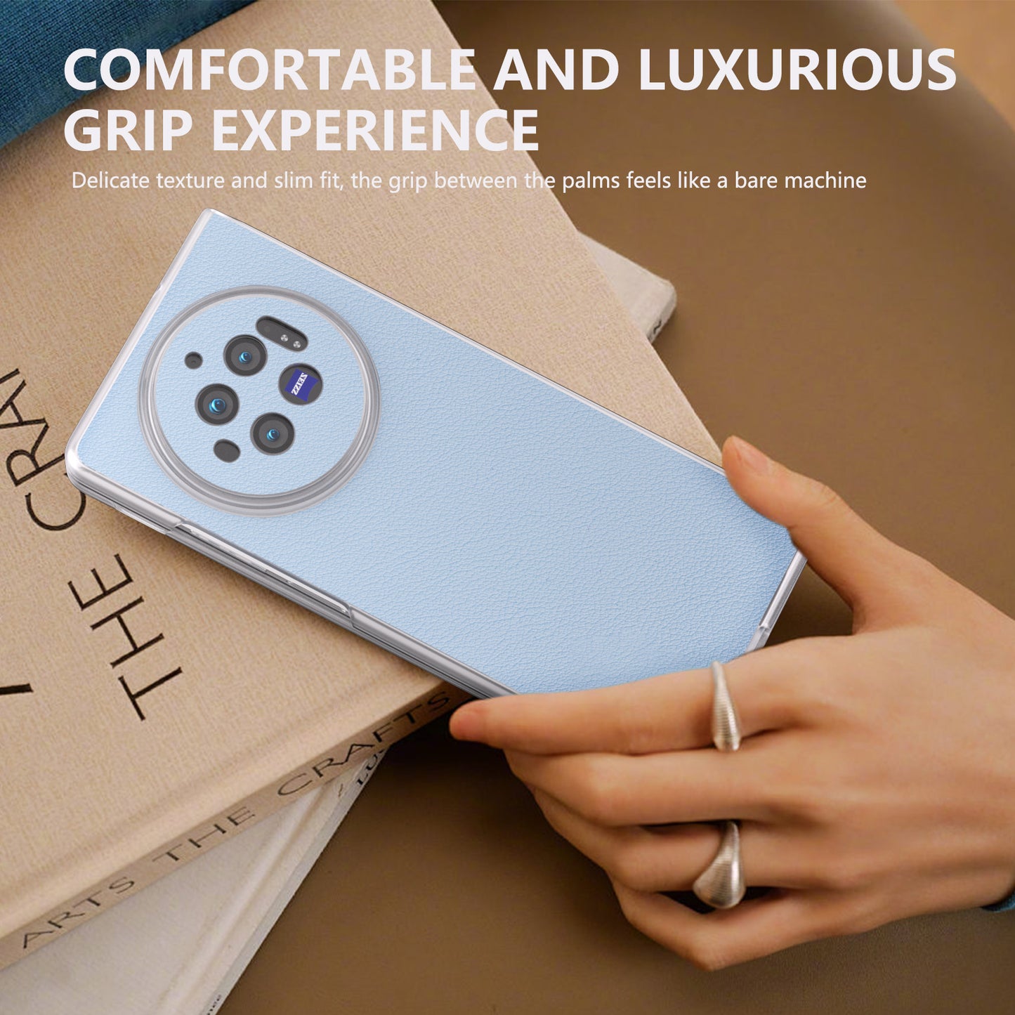 For vivo X Fold3 Case Non-Slip Genuine Cow Leather+PC Matte Edge Phone Cover - Blue