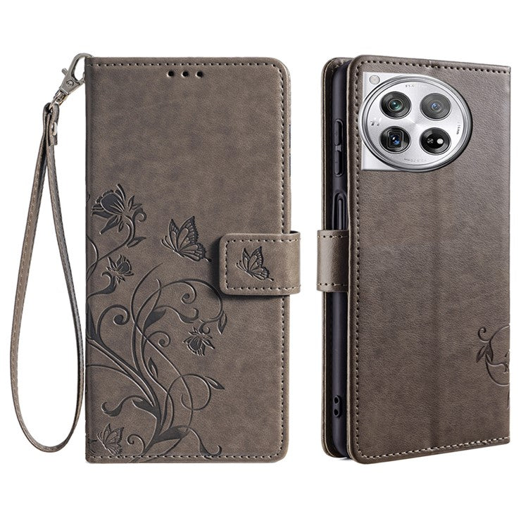 For OnePlus 12 5G Case Butterfly Flower Folding Stand Leather Cover Mobile Wholesale Accessories - Grey