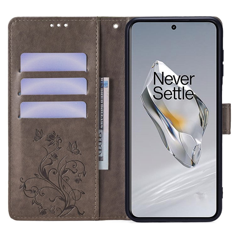 For OnePlus 12 5G Case Butterfly Flower Folding Stand Leather Cover Mobile Wholesale Accessories - Grey