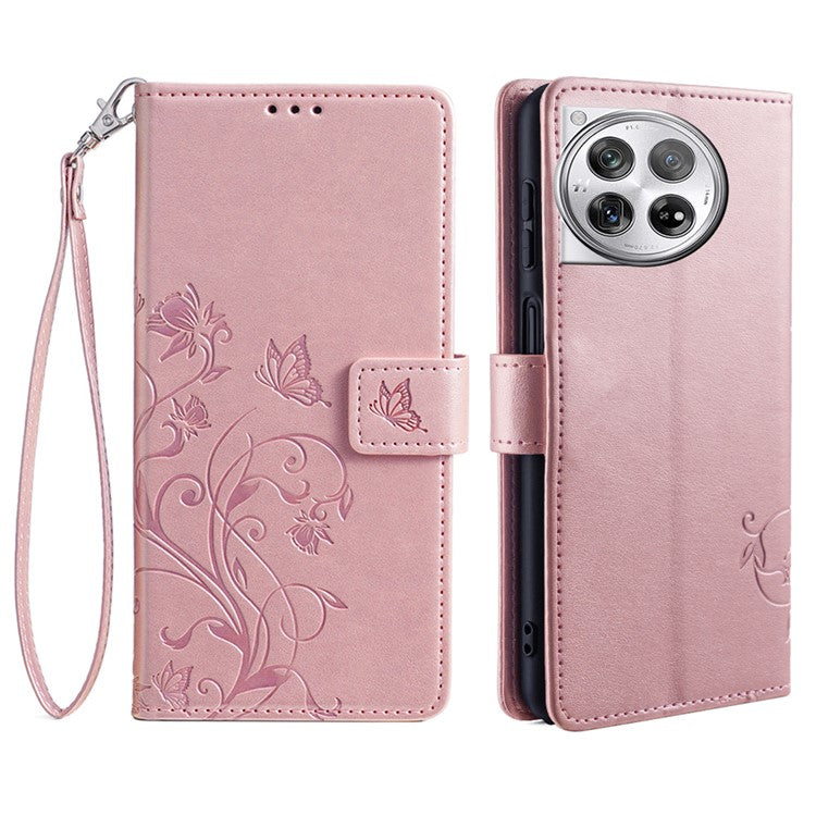 For OnePlus 12 5G Case Butterfly Flower Folding Stand Leather Cover Mobile Wholesale Accessories - Rose Gold