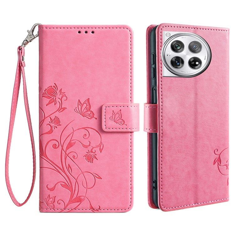 For OnePlus 12 5G Case Butterfly Flower Folding Stand Leather Cover Mobile Wholesale Accessories - Pink