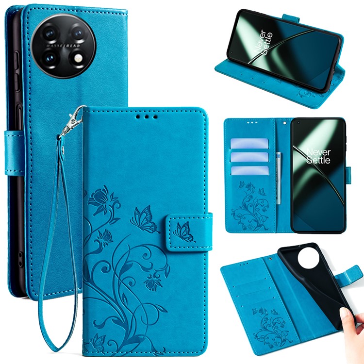 For OnePlus 11 5G Case Butterfly Flower Imprinted PU Leather Flip Phone Cover with 3 Card Slot - Blue