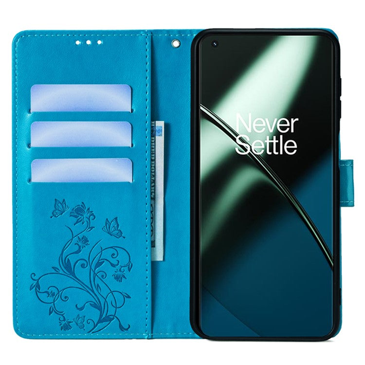 For OnePlus 11 5G Case Butterfly Flower Imprinted PU Leather Flip Phone Cover with 3 Card Slot - Blue