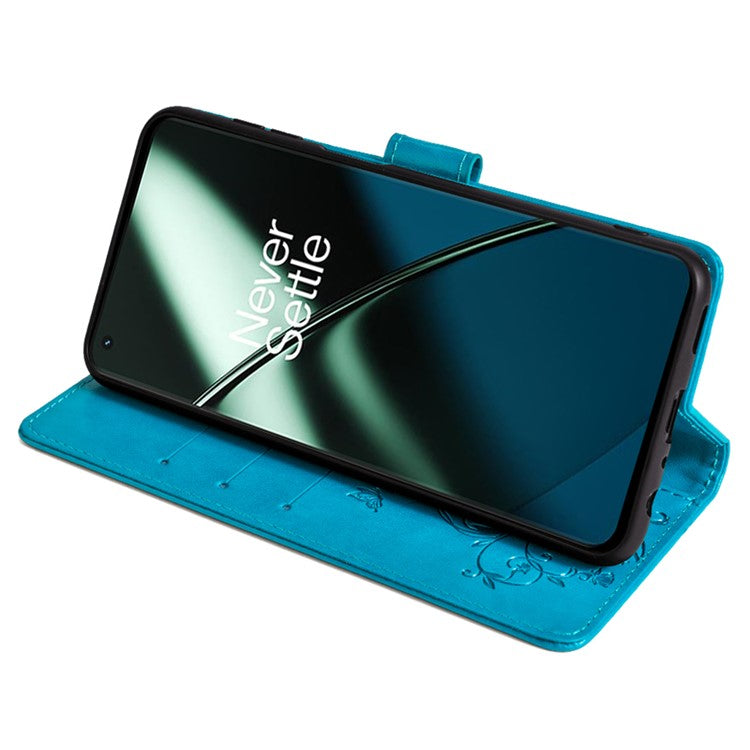 For OnePlus 11 5G Case Butterfly Flower Imprinted PU Leather Flip Phone Cover with 3 Card Slot - Blue