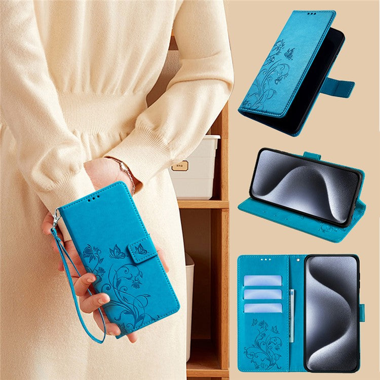 For OnePlus 11 5G Case Butterfly Flower Imprinted PU Leather Flip Phone Cover with 3 Card Slot - Blue