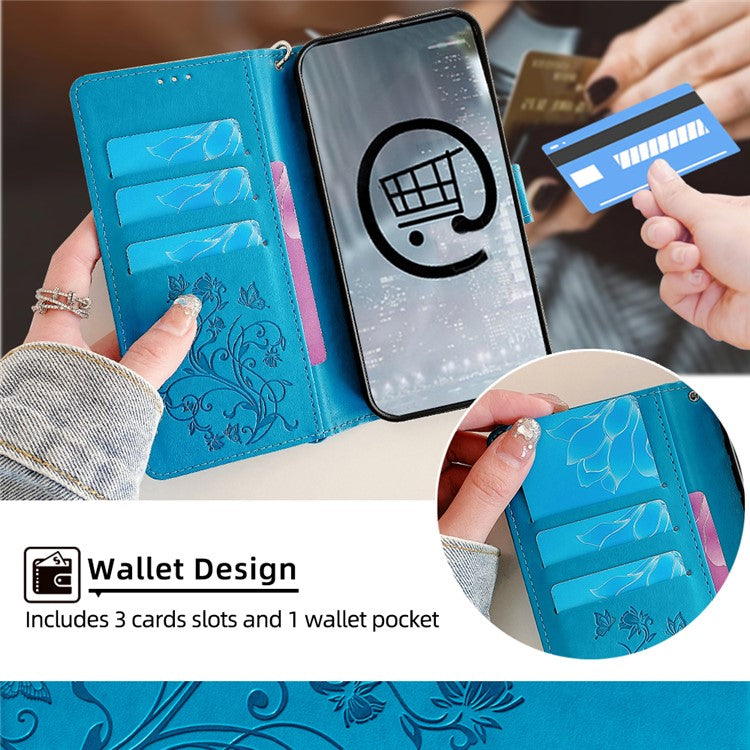 For OnePlus 11 5G Case Butterfly Flower Imprinted PU Leather Flip Phone Cover with 3 Card Slot - Blue