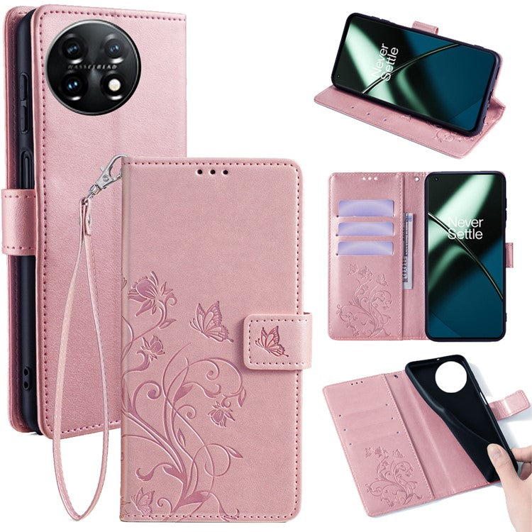 For OnePlus 11 5G Case Butterfly Flower Imprinted PU Leather Flip Phone Cover with 3 Card Slot - Rose Gold
