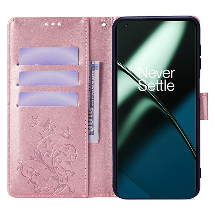 For OnePlus 11 5G Case Butterfly Flower Imprinted PU Leather Flip Phone Cover with 3 Card Slot - Rose Gold