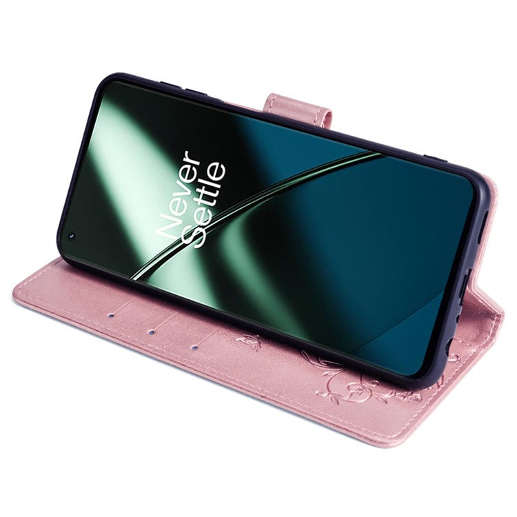 For OnePlus 11 5G Case Butterfly Flower Imprinted PU Leather Flip Phone Cover with 3 Card Slot - Rose Gold