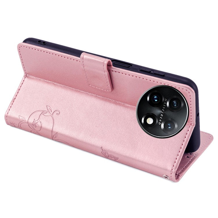For OnePlus 11 5G Case Butterfly Flower Imprinted PU Leather Flip Phone Cover with 3 Card Slot - Rose Gold
