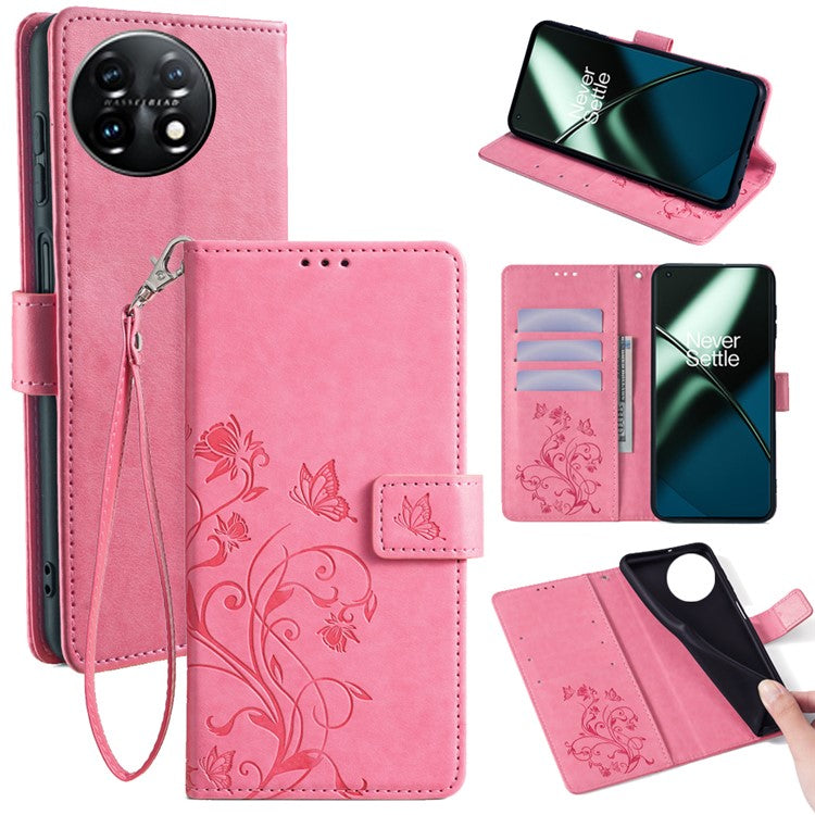 For OnePlus 11 5G Case Butterfly Flower Imprinted PU Leather Flip Phone Cover with 3 Card Slot - Pink