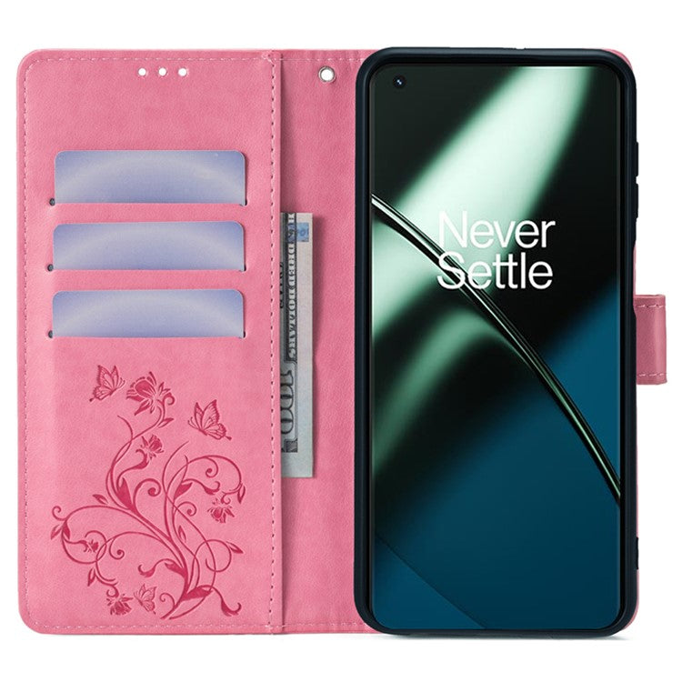 For OnePlus 11 5G Case Butterfly Flower Imprinted PU Leather Flip Phone Cover with 3 Card Slot - Pink