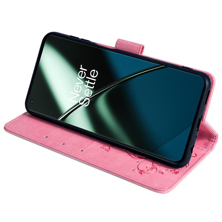 For OnePlus 11 5G Case Butterfly Flower Imprinted PU Leather Flip Phone Cover with 3 Card Slot - Pink