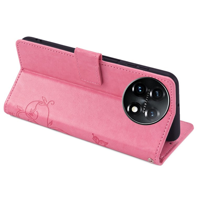 For OnePlus 11 5G Case Butterfly Flower Imprinted PU Leather Flip Phone Cover with 3 Card Slot - Pink