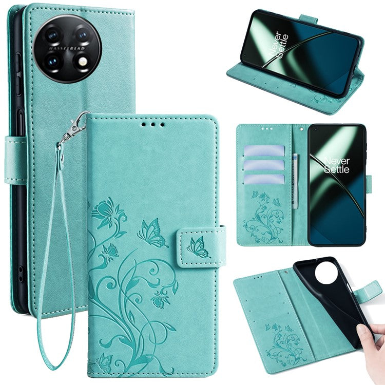 For OnePlus 11 5G Case Butterfly Flower Imprinted PU Leather Flip Phone Cover with 3 Card Slot - Green