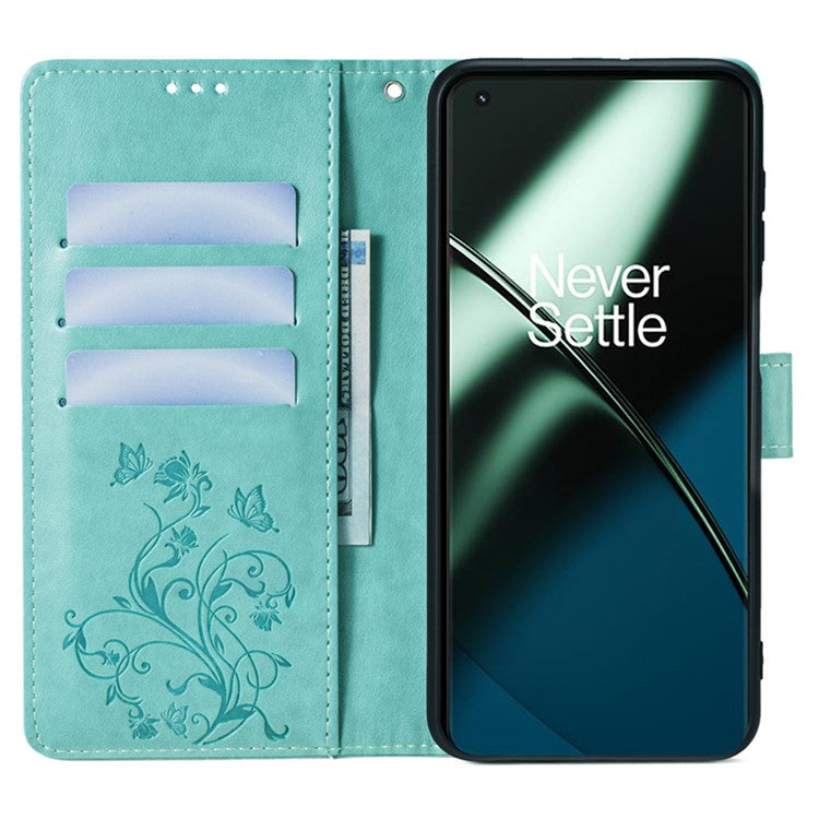 For OnePlus 11 5G Case Butterfly Flower Imprinted PU Leather Flip Phone Cover with 3 Card Slot - Green