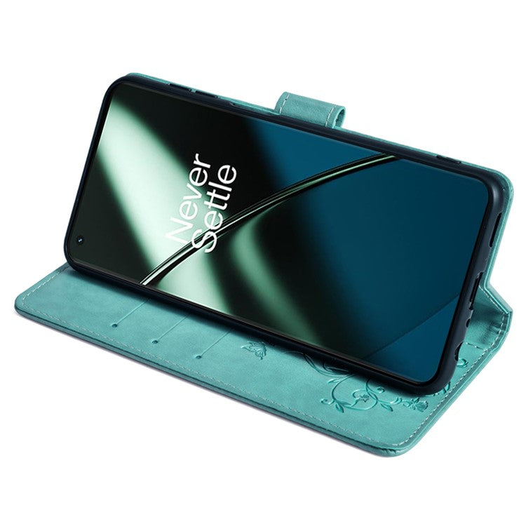 For OnePlus 11 5G Case Butterfly Flower Imprinted PU Leather Flip Phone Cover with 3 Card Slot - Green