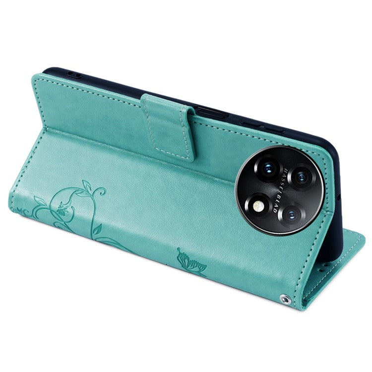 For OnePlus 11 5G Case Butterfly Flower Imprinted PU Leather Flip Phone Cover with 3 Card Slot - Green