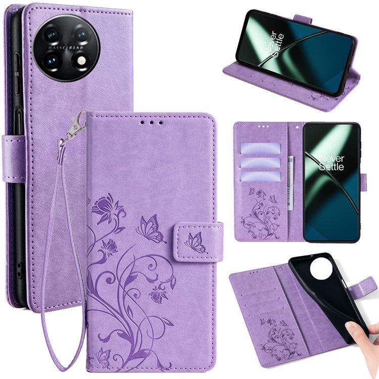 For OnePlus 11 5G Case Butterfly Flower Imprinted PU Leather Flip Phone Cover with 3 Card Slot - Purple
