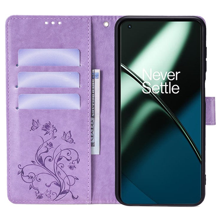 For OnePlus 11 5G Case Butterfly Flower Imprinted PU Leather Flip Phone Cover with 3 Card Slot - Purple